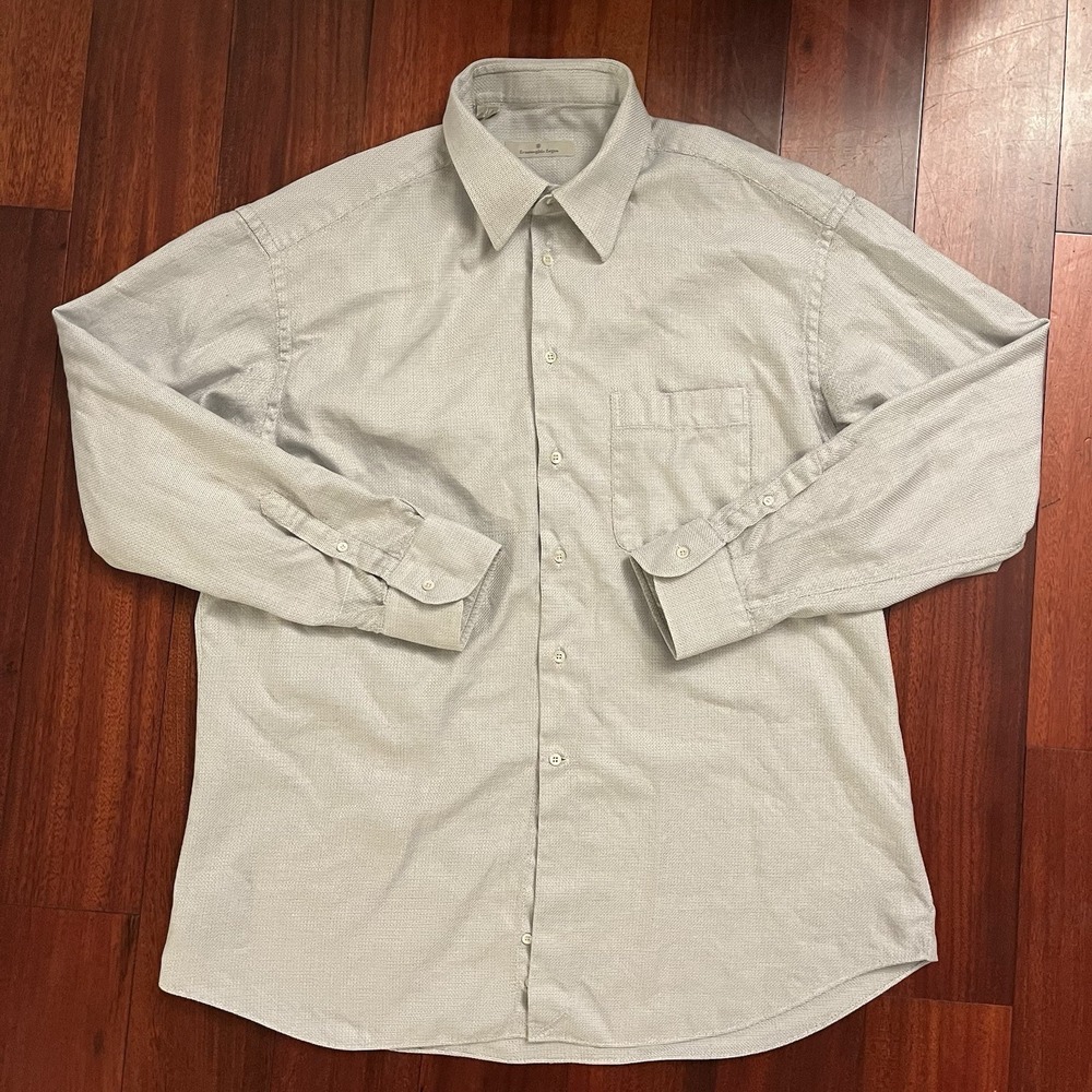 Ermenegildo Zegna Dress Shirt Men Large 43 17 Gray Geometric Print Button‎ Up *